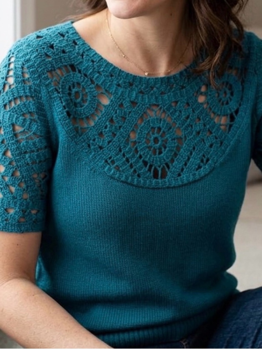Boden Anais Crochet Sweater Knit Top Puff Sleeve Flower Draw Green Knit Lace